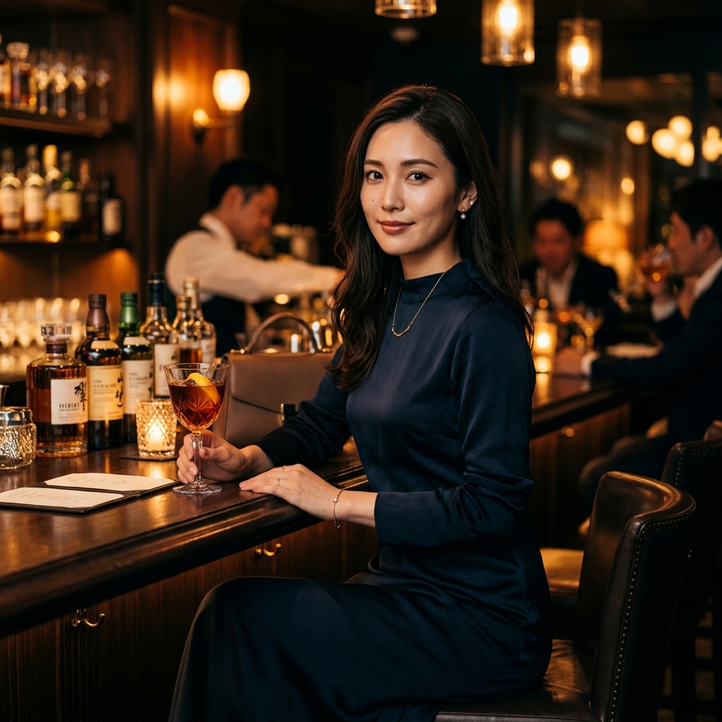 薄暗いバーのカウンターでこちらに視線を向ける女性