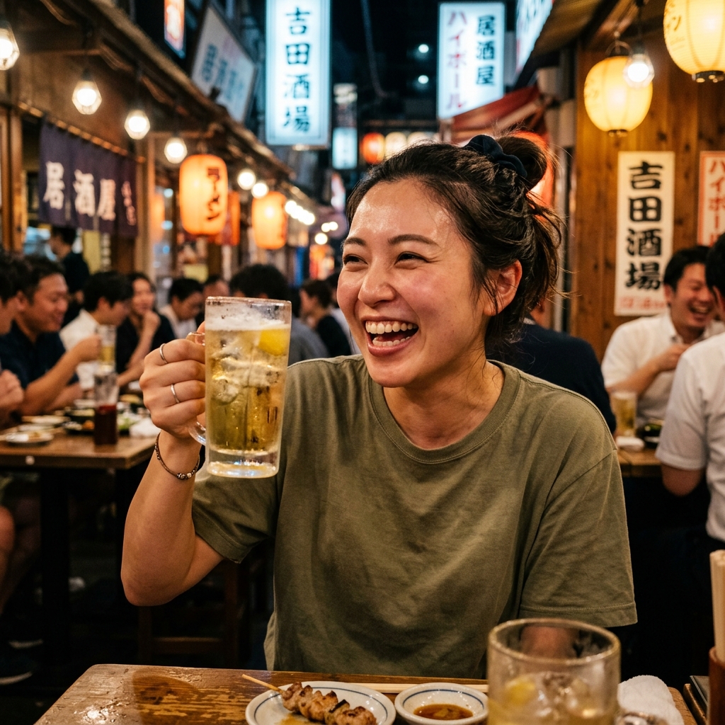 居酒屋でジョッキを片手に笑いかけるアクティブOL