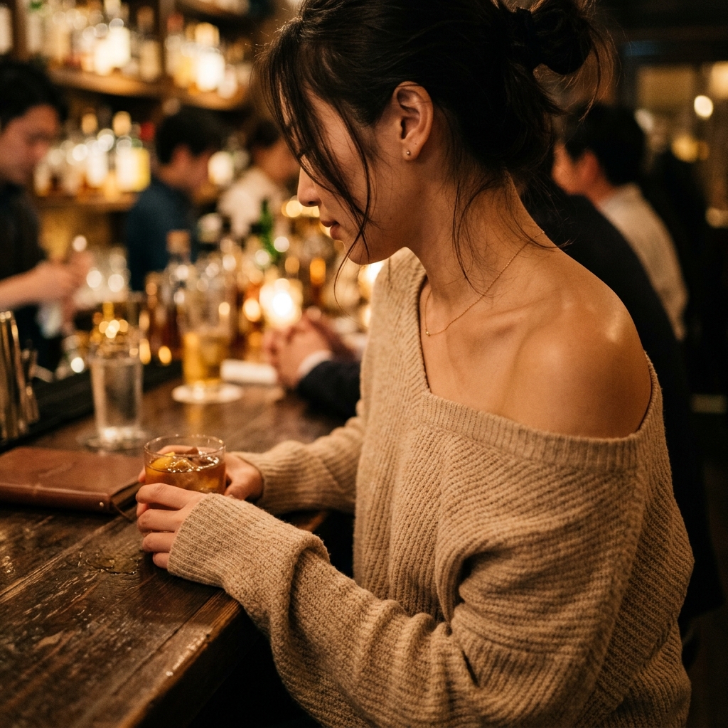 カウンター越しに見える美しい肩のライン