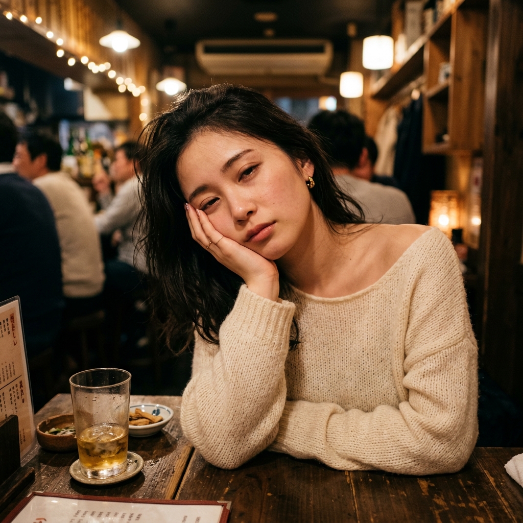 バーで頬杖をついて甘えて見つめてくる女の子