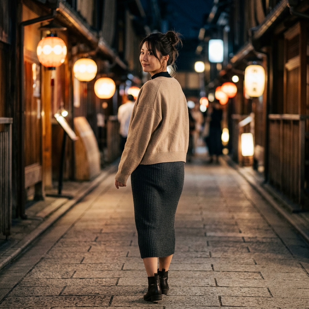 夜風に揺れるニットスカートの後ろ姿